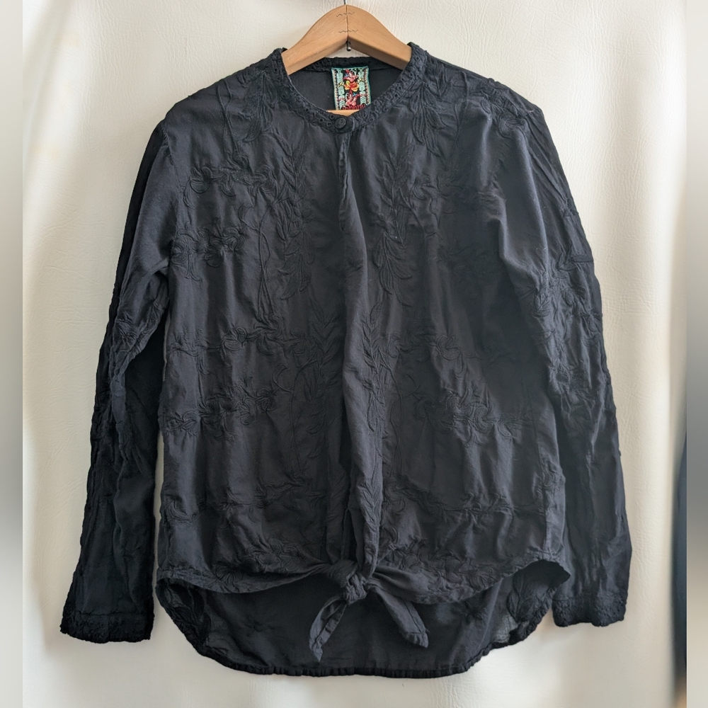 Johnny Was Embroidery Black Cotton Long Sleeve Blouse with Tie Front - M